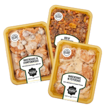 Noordertrots varkenshaas met
champignonsaus of pepersaus
of boeuf bourguignon